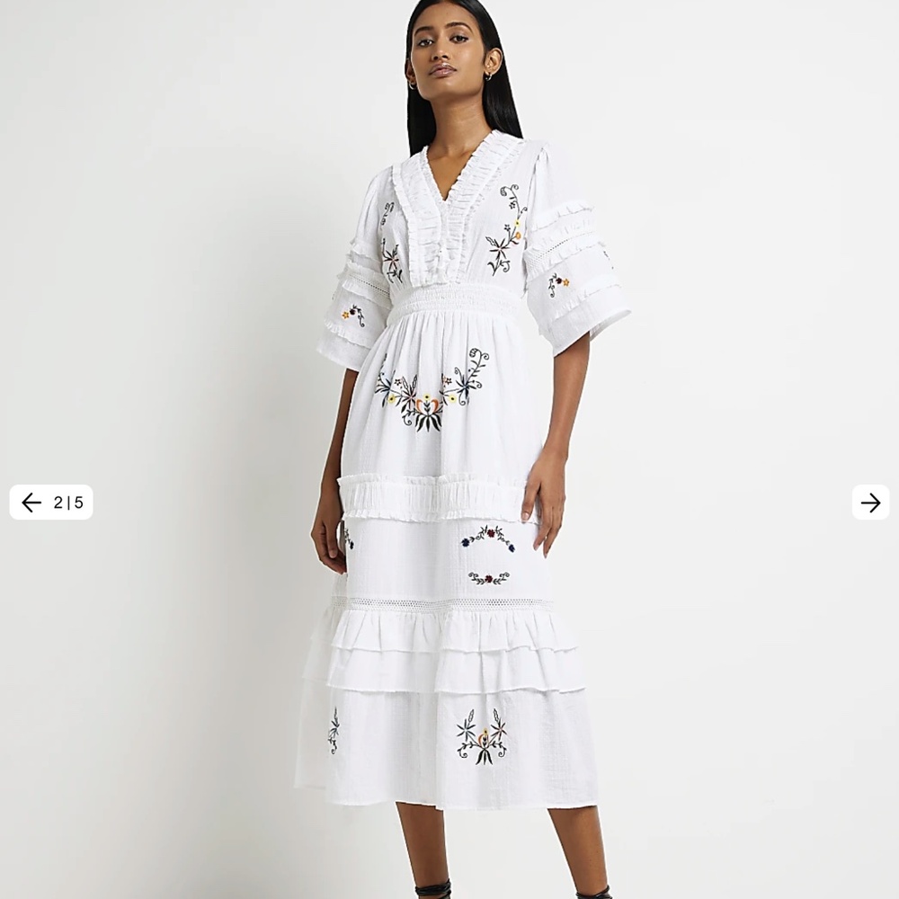 River Island White embroidered smock midi dress